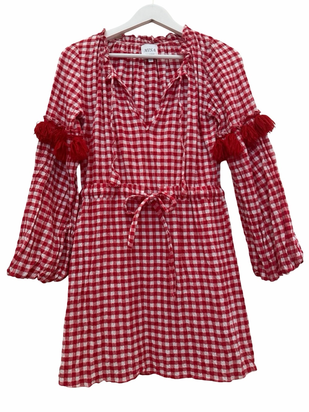 MISA “Lisseth”Red & White Gingham Tassel Tie-Waist Dress XS Cotton USA Made